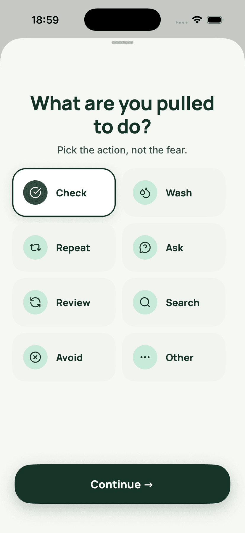 Action selection screen showing compulsion types